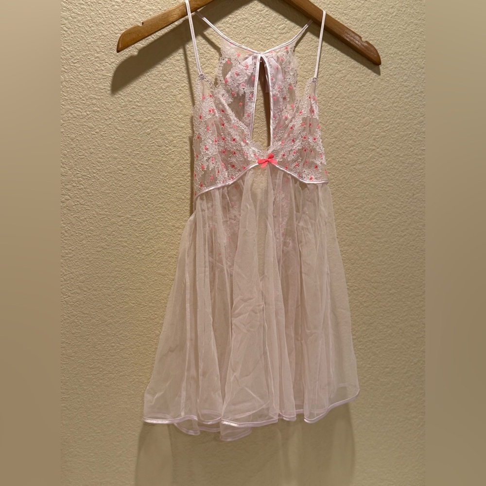 Victoria's Secret Sleepwear Women's Pink Mesh Babydoll Teddy Lace Nightie SzS - Picture 9 of 10
